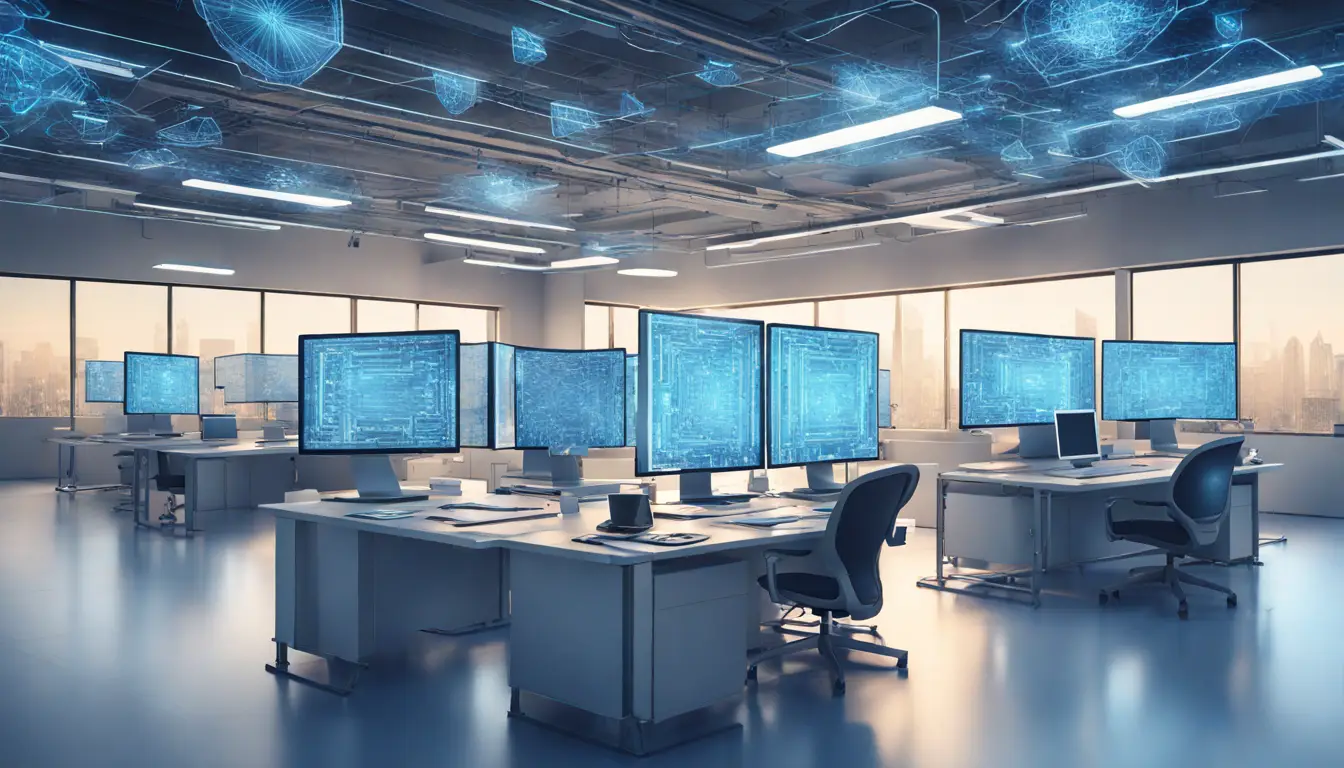 Escudo digital azul protegendo computadores em um escritório moderno, simbolizando segurança eficiente.