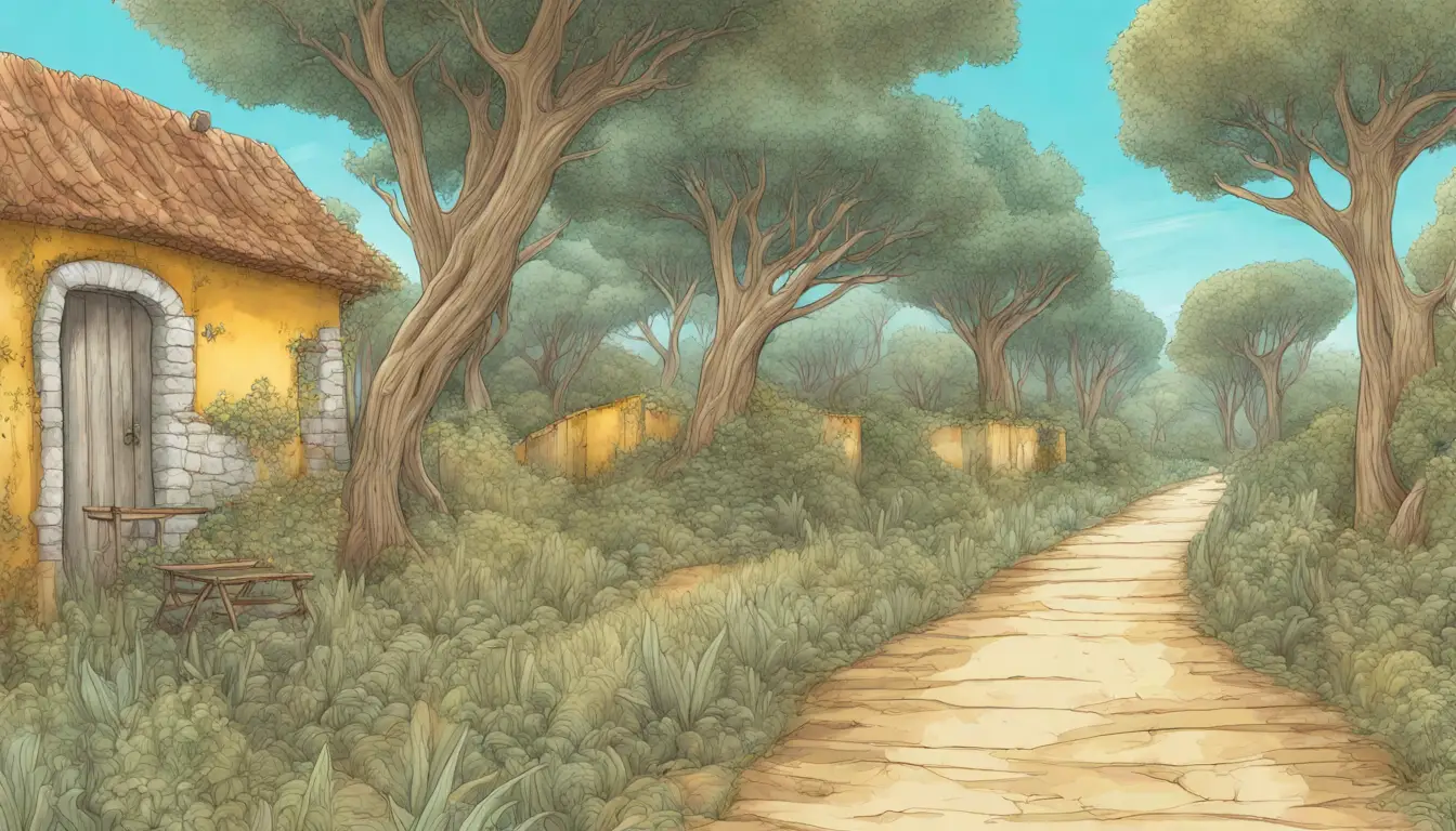 Caminho de tijolos amarelos com placas de sinalização apontando para opções de negócios em um vale verde.