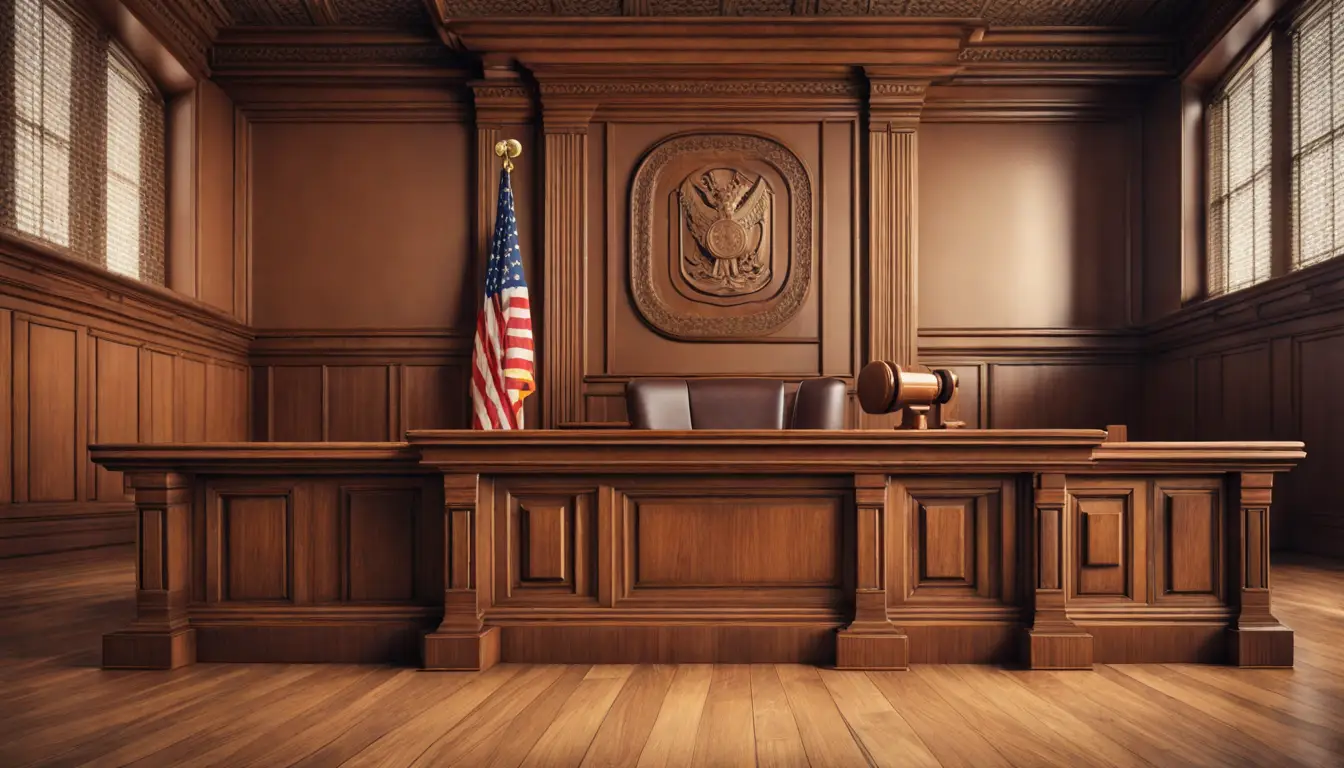 Interior de um tribunal com bancada de madeira, martelo do juiz, bandeira ao fundo e padrões no teto.