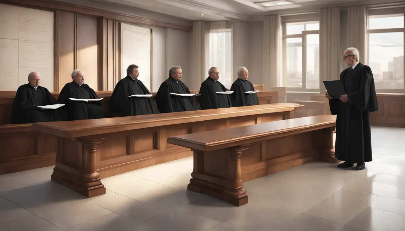 Juízes em um tribunal moderno observando uma interface de IA exibindo documentos legais em uma tela grande.