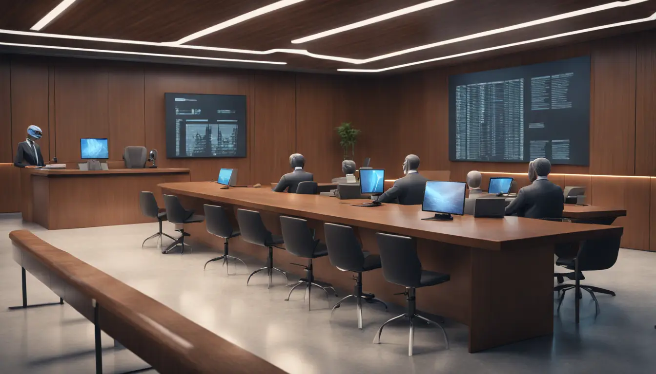 Robô juiz em um tribunal moderno com telas digitais exibindo dados jurídicos e advogados discutindo com hologramas.