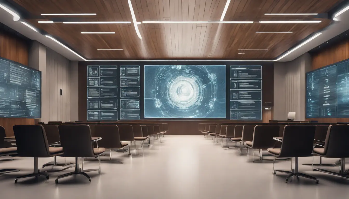 Tela de tribunal brasileiro moderno com conceitos abstratos de direito e símbolos de inteligência artificial.