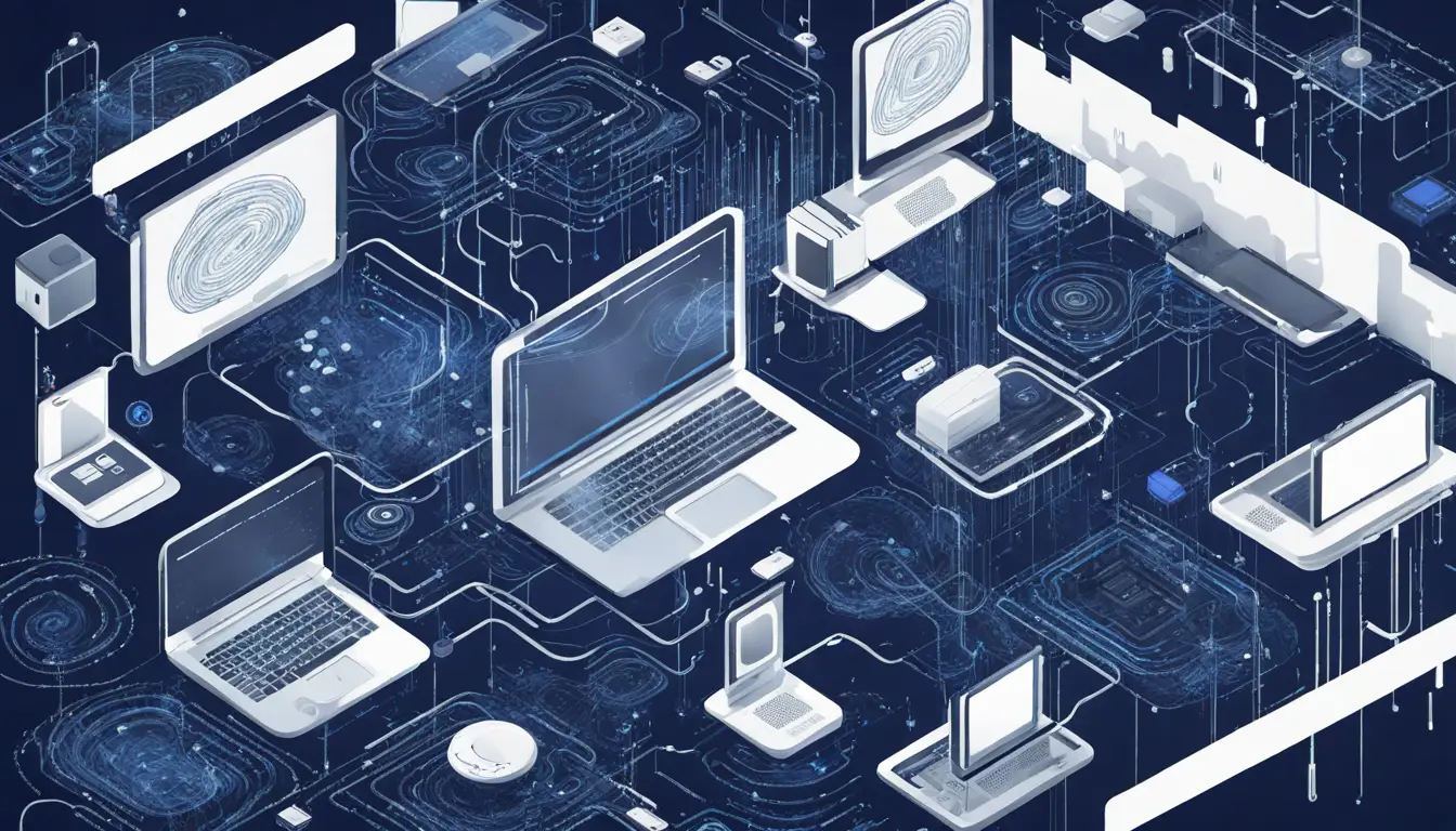 Dispositivos digitais interconectados cercados por código binário e cadeados digitais em esquema de cores azul e preto.