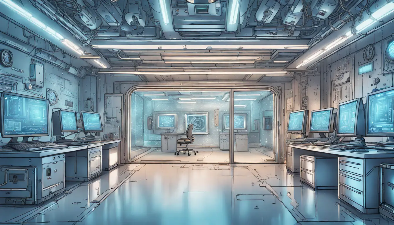 Ambiente de escritório futurista com fechaduras digitais, porta de cofre e câmeras de segurança.