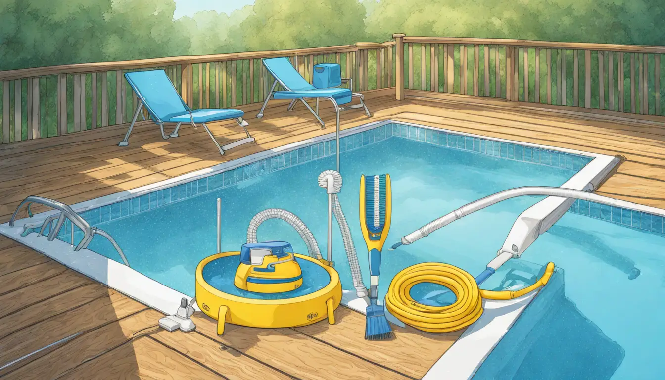 Equipamento de manutenção de piscina em um deque de madeira, incluindo um skimmer azul e uma escova branca e azul.