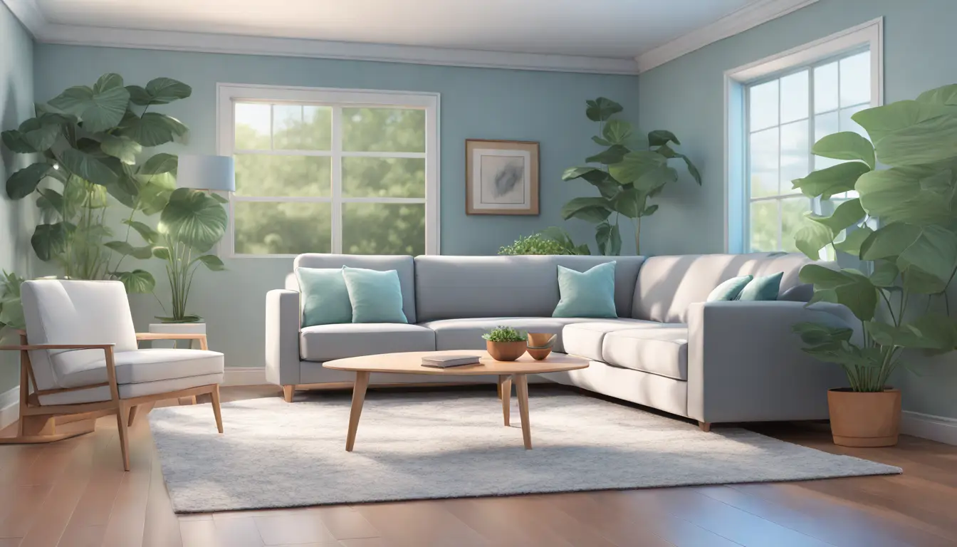 Sala de estar moderna com sofá cinza, mesa de centro de vidro e console branco contra parede azul claro, com plantas verdes.