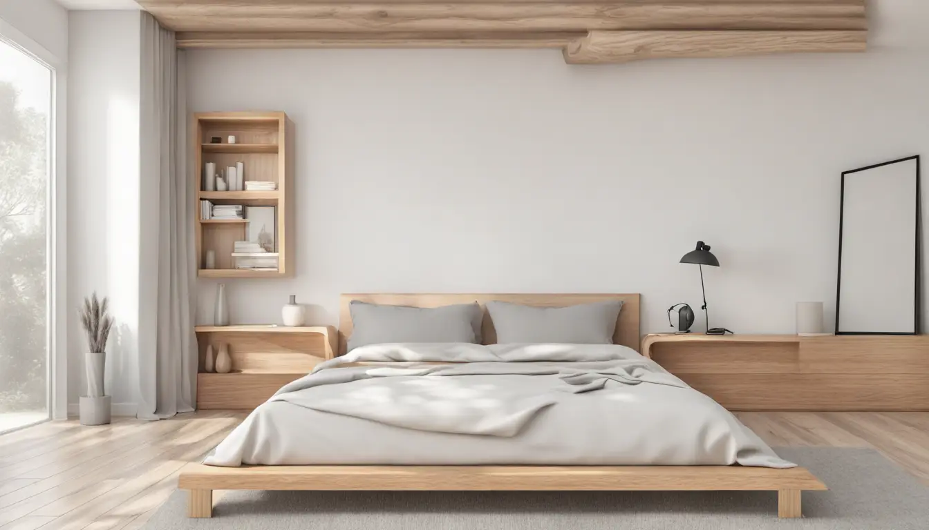 Cama de casal com lençóis brancos e mesa de cabeceira de madeira em quarto minimalista.
