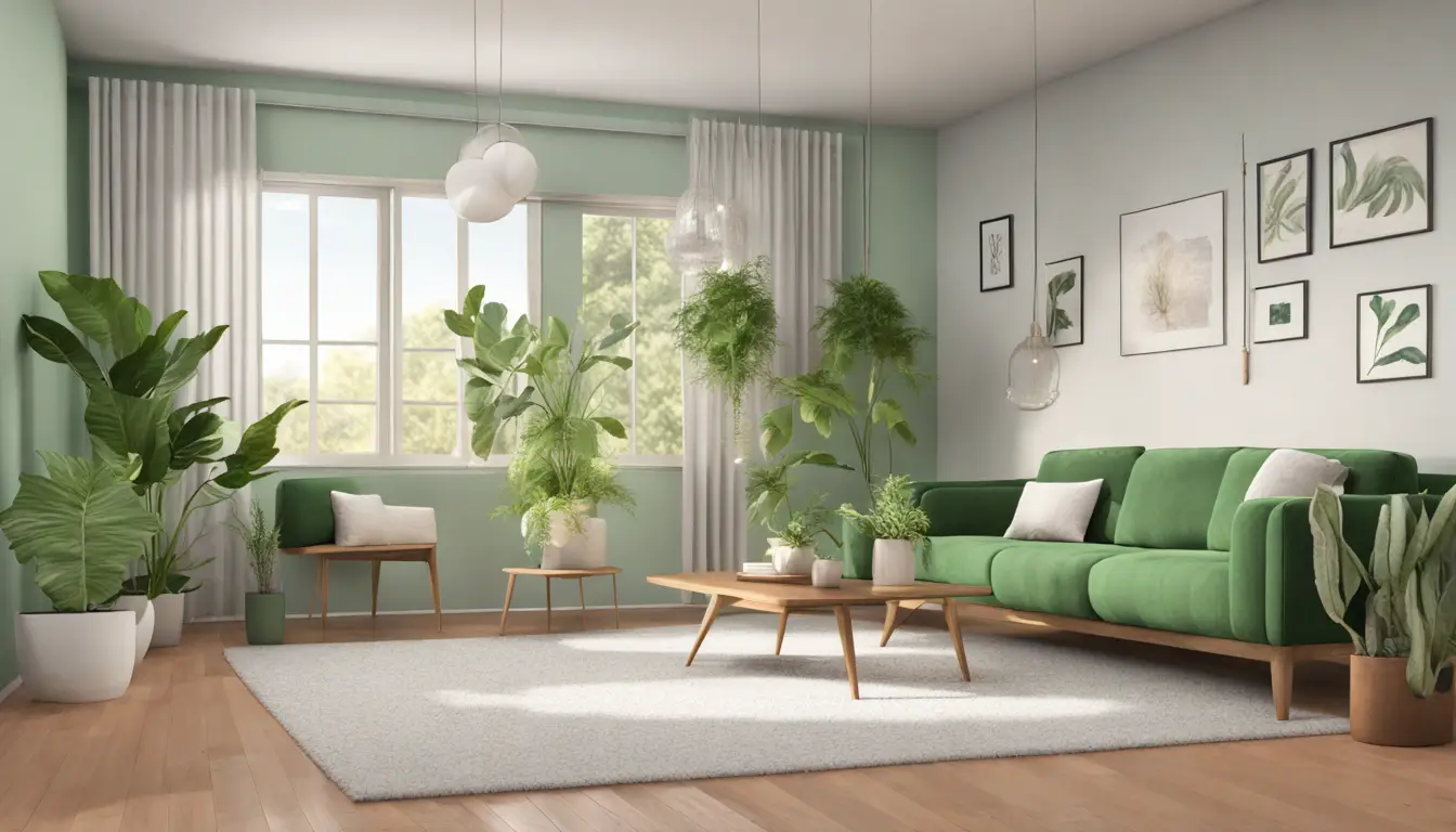 Sala de estar moderna com sofá cinza, mesa de centro de madeira clara e plantas verdes.