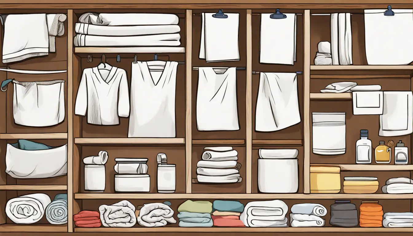 Lista organizada de itens de enxoval em uma mesa de madeira, incluindo toalhas, pratos e roupas de cama, com etiquetas pequenas.