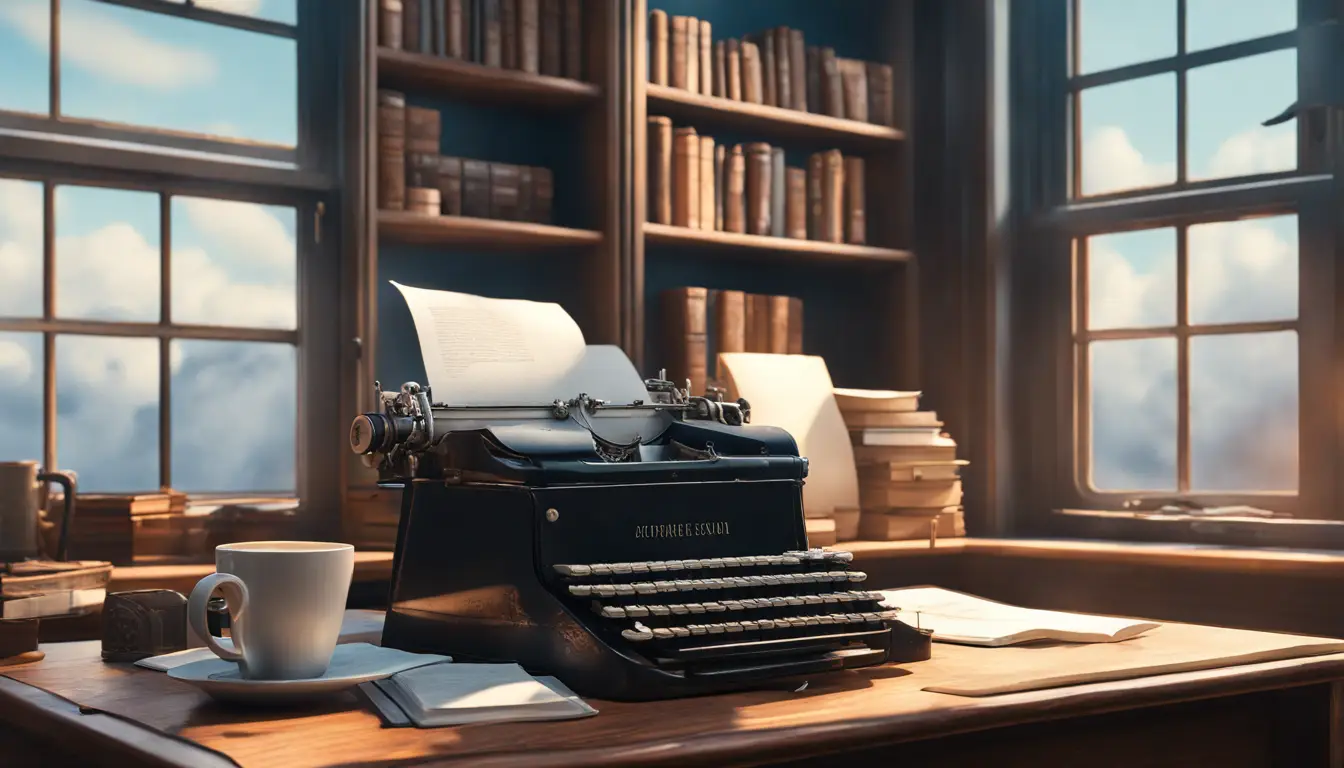 Escritório iluminado com mesa de madeira, livros abertos, máquina de escrever vintage e xícara de café fumegante.