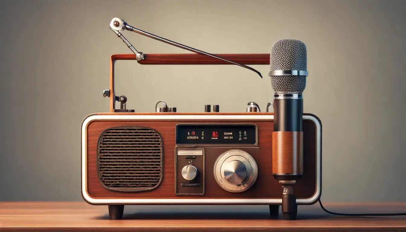 Mesa de rádio vintage com microfone, anotações coloridas, lâmpada acesa e xícara de café.