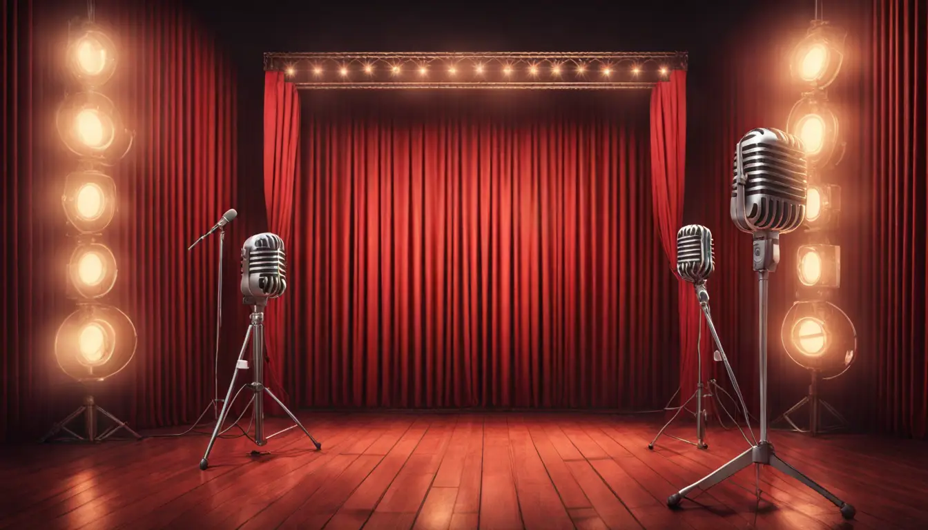 Palco de rádio com microfone vintage e cortinas vermelhas ao fundo, iluminado por luzes brilhantes.