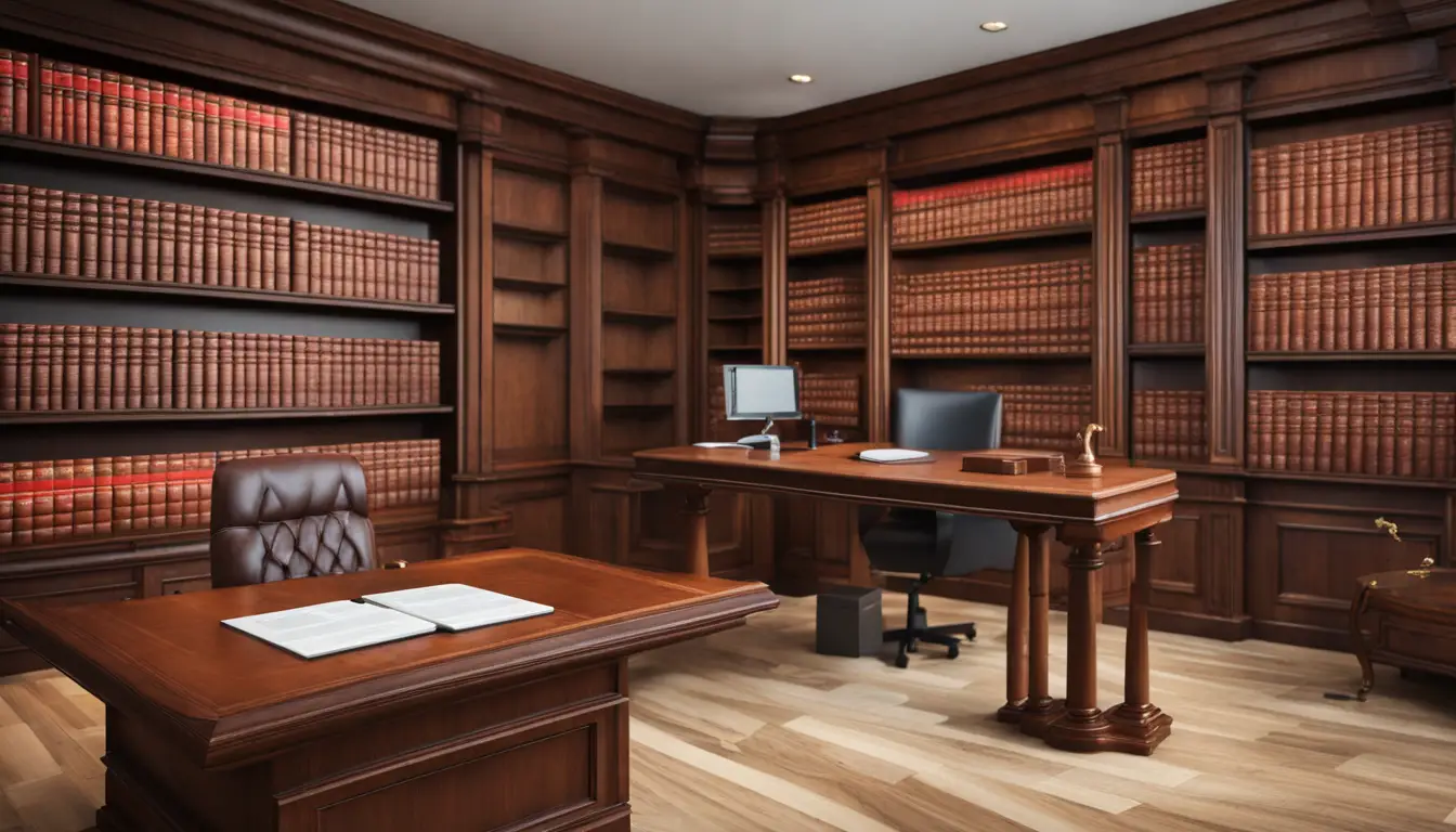 Escritório de advocacia com balança da justiça, tela de computador com código binário e martelo de juiz.