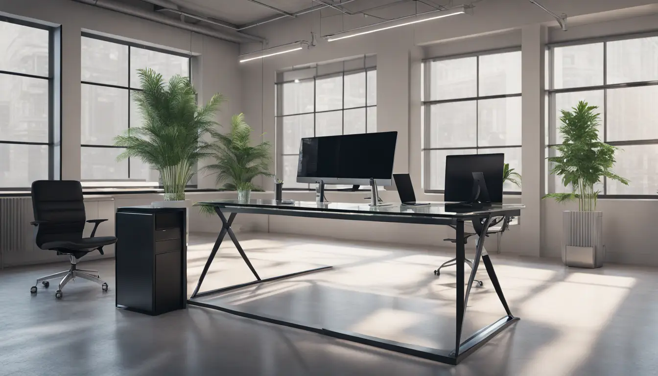 Mesa de vidro transparente com monitores exibindo formulários de consentimento digital em um escritório minimalista.