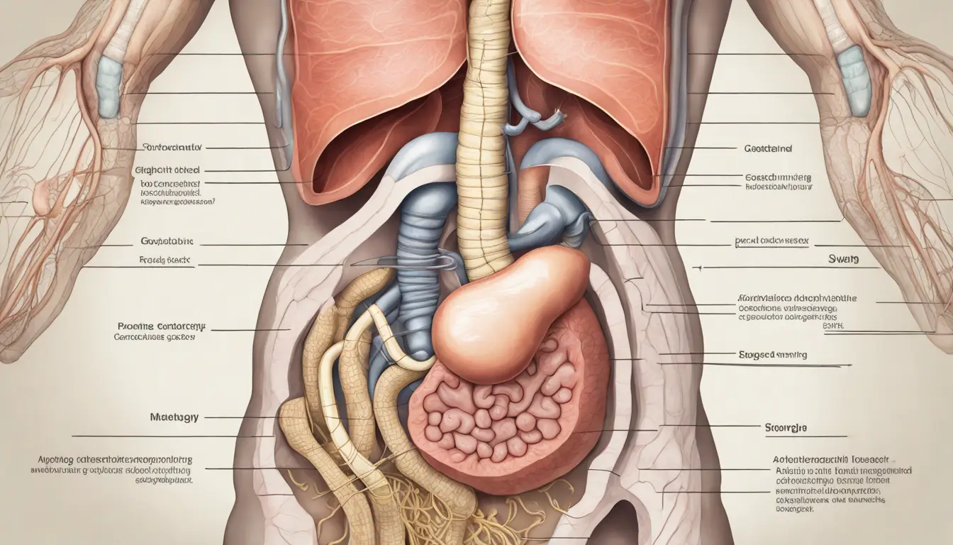 Ilustração anatômica do sistema digestivo com estômago reduzido após cirurgia bariátrica.