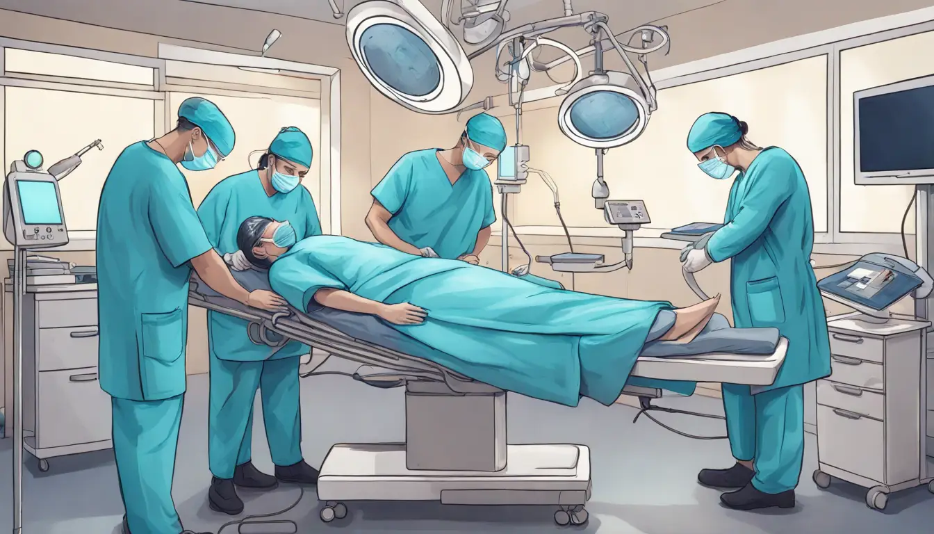 Cirurgiões realizando cirurgia bariátrica em uma sala de operação, com luzes brilhantes e monitores mostrando sinais vitais.