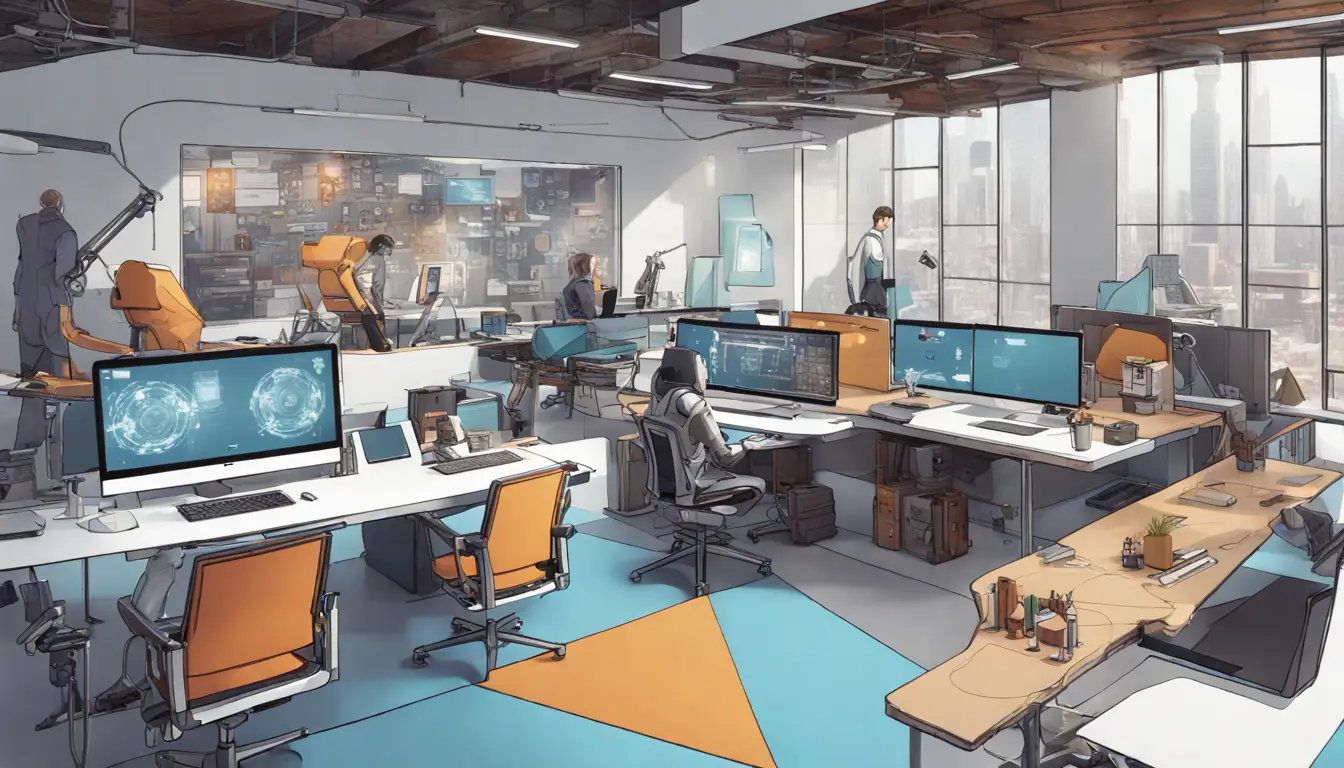 Quatro mesas de trabalho futurísticas com um braço robótico, uma tela de chat, uma pessoa no laptop e um grupo colaborando.