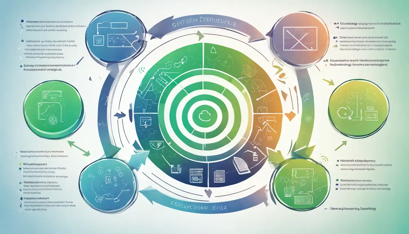Diagrama do ciclo de vida do software com etapas de planejamento, design, codificação, teste e manutenção conectadas em fluxo circular.