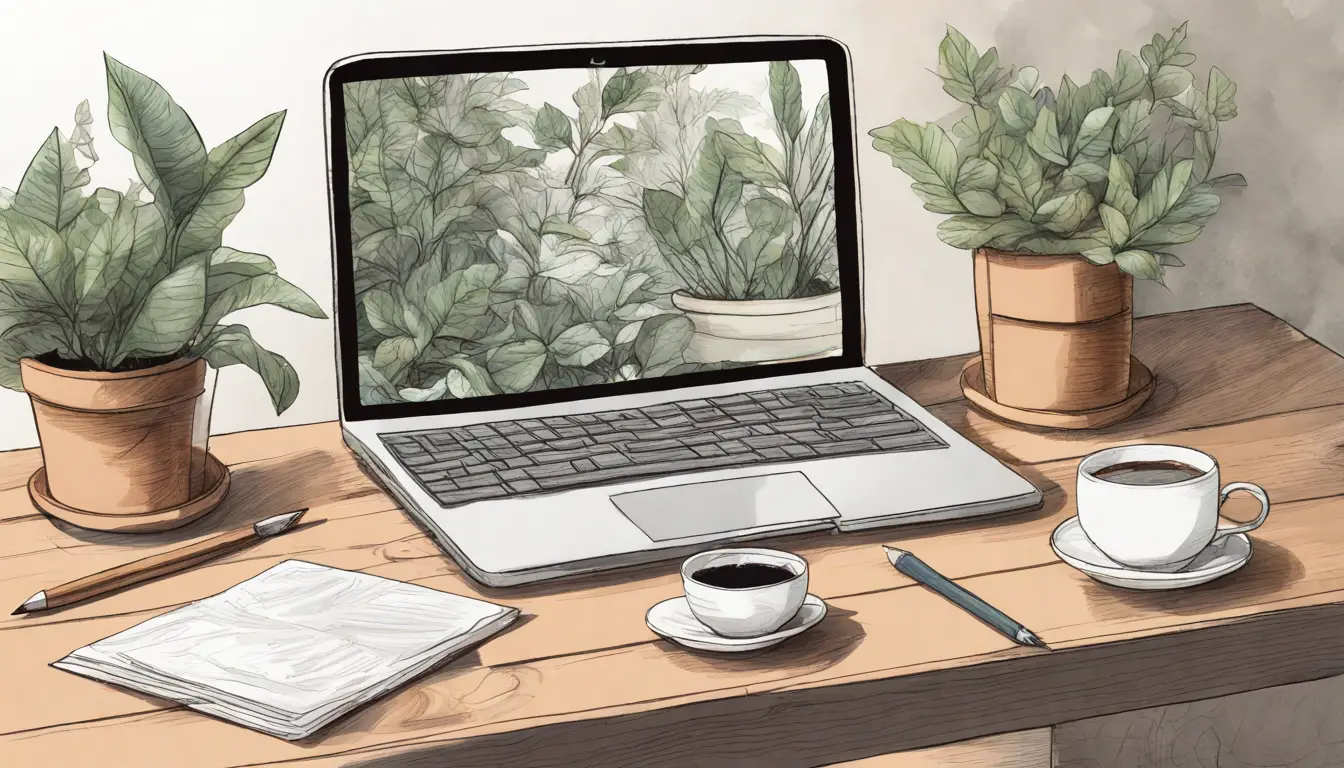 Laptop em mesa de madeira com cadeado digital na tela, cercado por plantas e uma caneca.