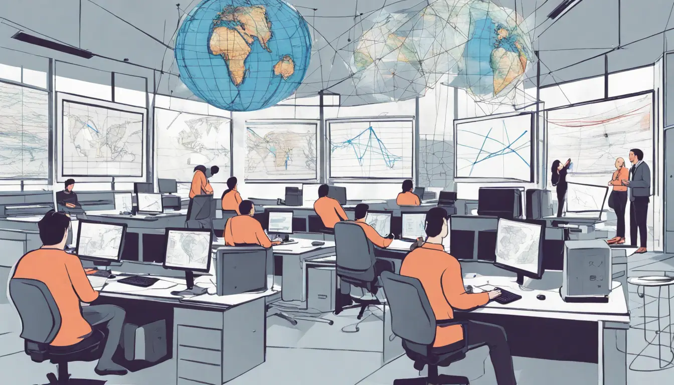 Profissionais analisando dados de detecção de ameaças em um escritório moderno com globos digitais e telas de computador.