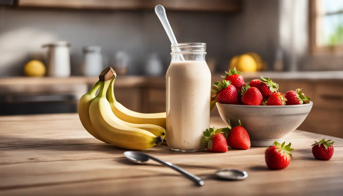 Shake de whey protein em um copo ao lado de frutas frescas e uma colher medidora em uma mesa de cozinha.