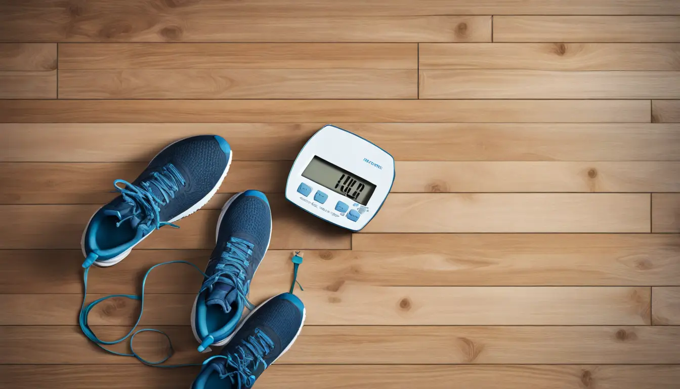 Escala digital mostrando número 30 ao lado de tênis de corrida, garrafa de água e fita métrica no chão de madeira.
