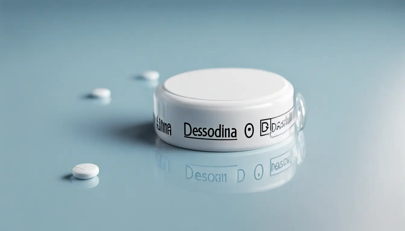 Pílula Desodalina branca sobre superfície de vidro com fita métrica ao redor, fundo azul claro.