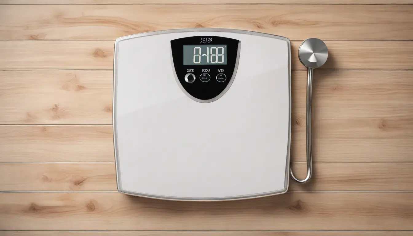 Balança digital mostrando gráfico de perda de peso com tendência de queda, em piso de madeira clara.