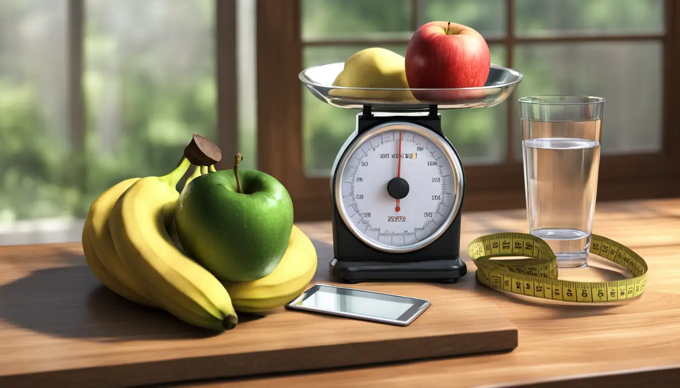 Frutas e um copo de água sobre balança de cozinha com fita métrica ao redor, em uma mesa de madeira.