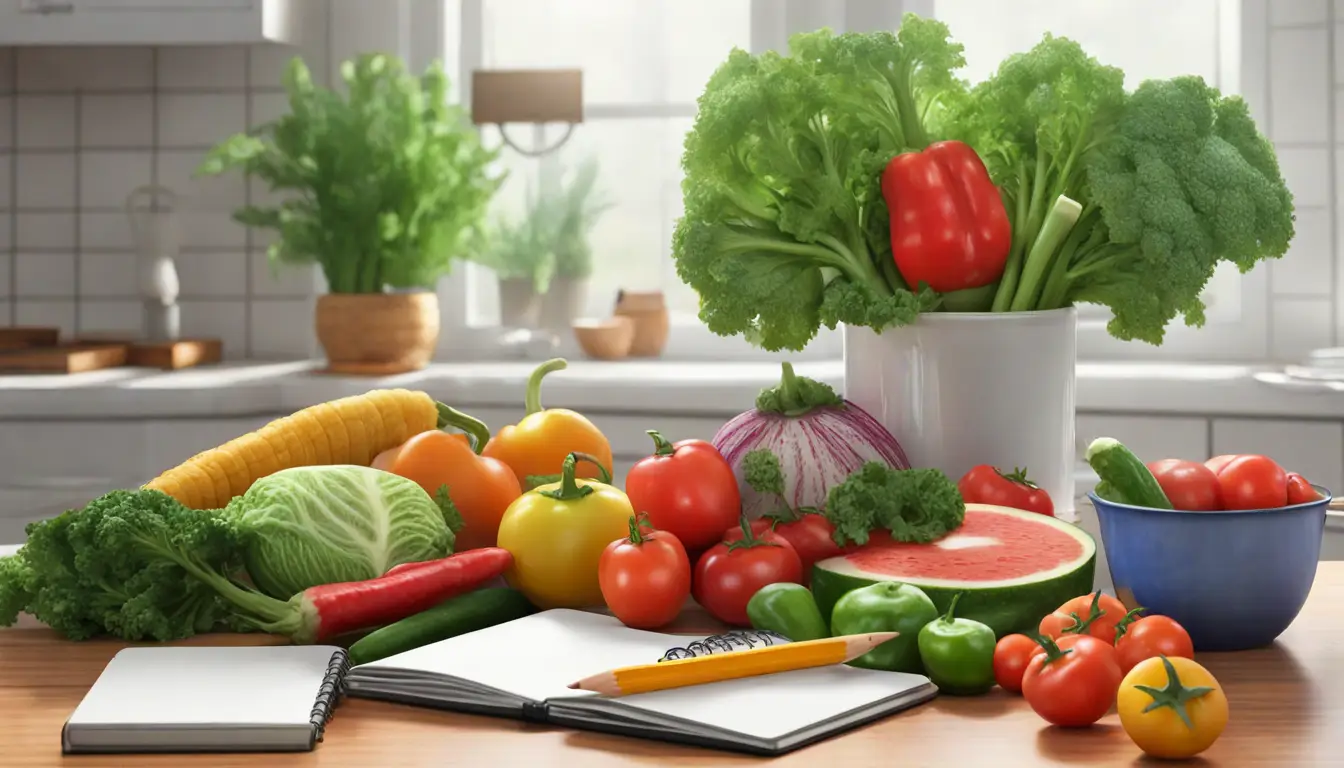 Mesa de cozinha com vegetais frescos, frutas coloridas, um copo de água e um caderno com lápis ao lado.