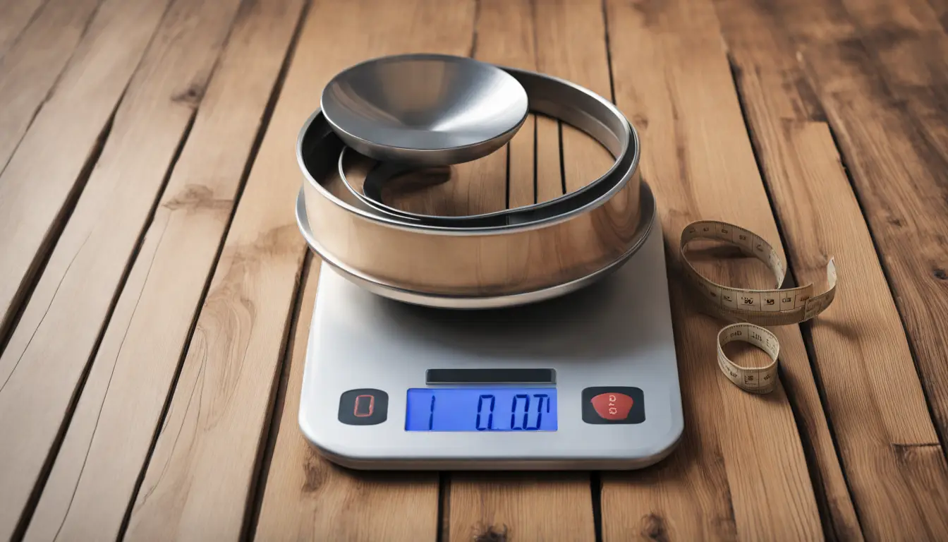 Balança digital mostrando 2 quilos com fita métrica enrolada ao lado em um chão de madeira.