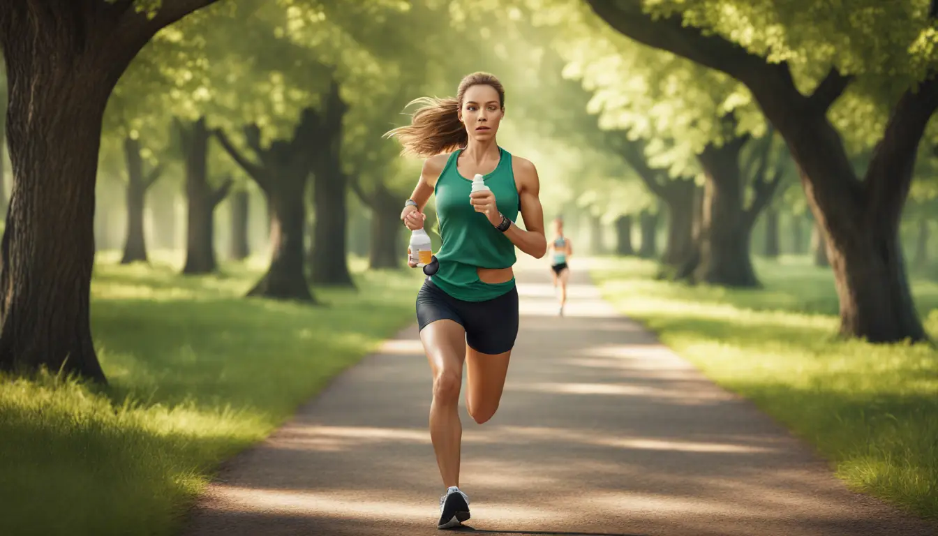 Mulher correndo em parque segurando frasco de Desodalina e cronômetro, com árvores ao fundo.