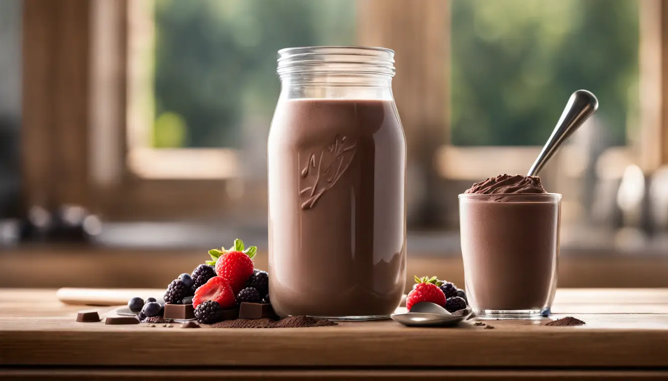 Copo de shake de whey de chocolate com tigela de frutas vermelhas em balcão de madeira iluminado pela luz natural.