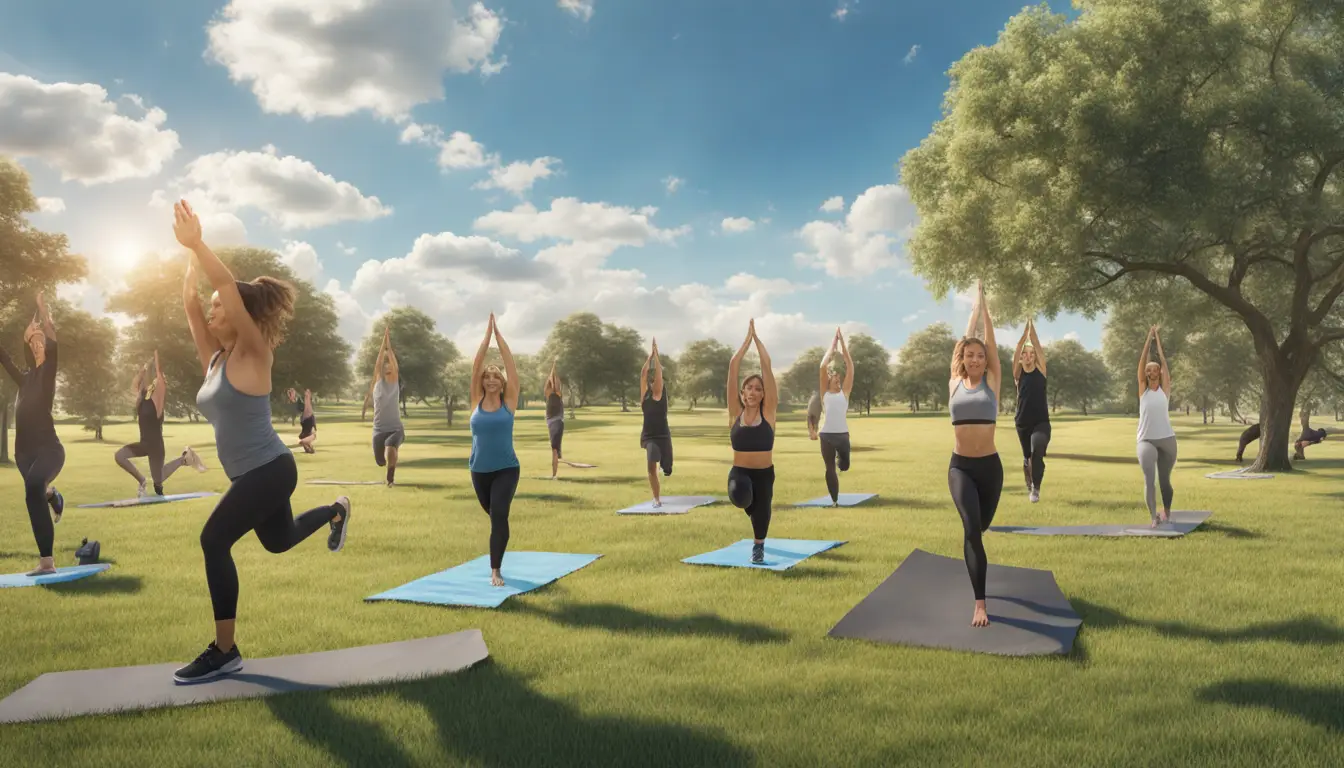Pessoas de diferentes idades e tipos físicos praticando exercícios ao ar livre em um parque ensolarado.