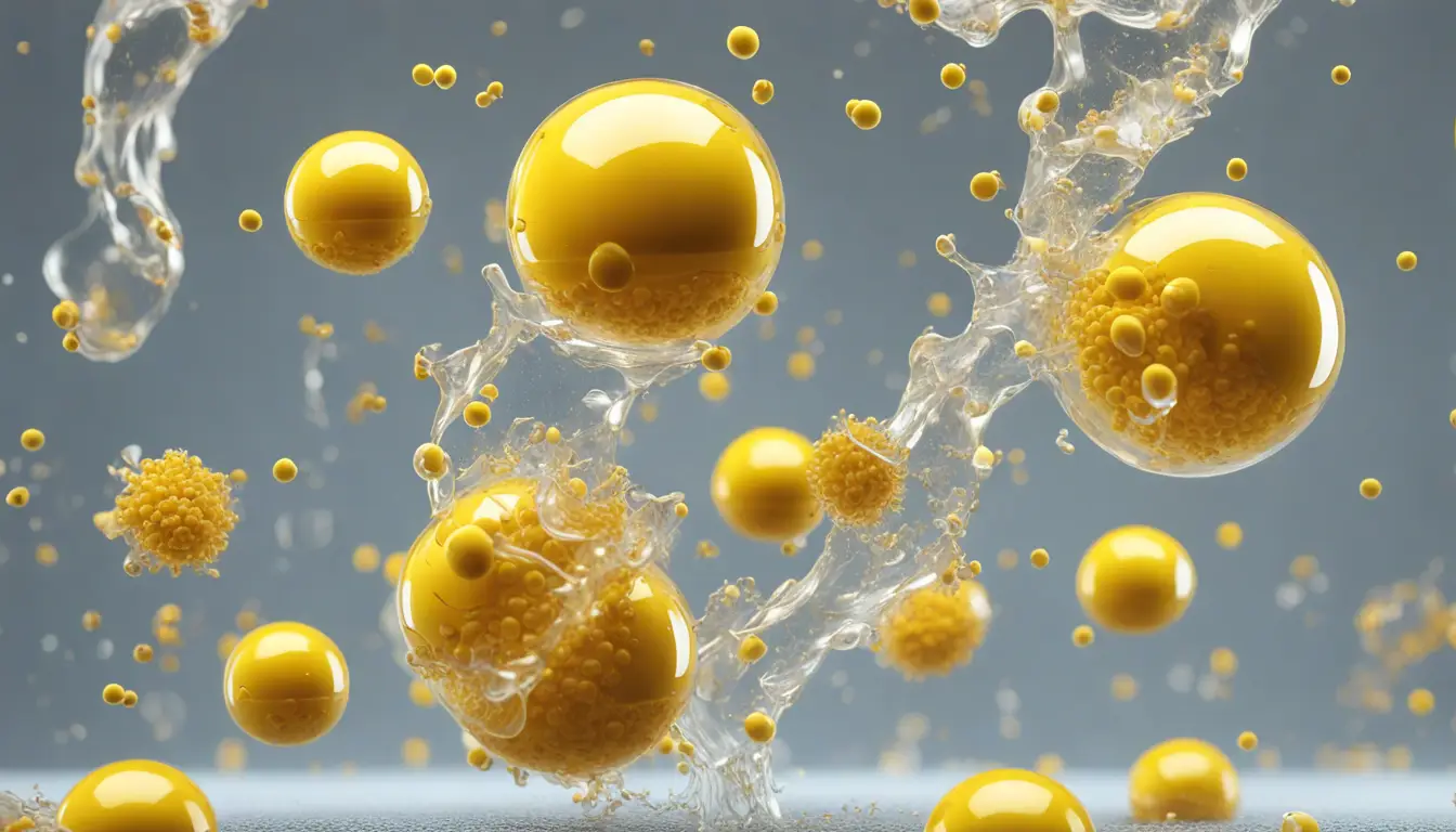 Cápsula transparente se rompendo e liberando pequenas esferas amarelas representando células de gordura em líquido claro.