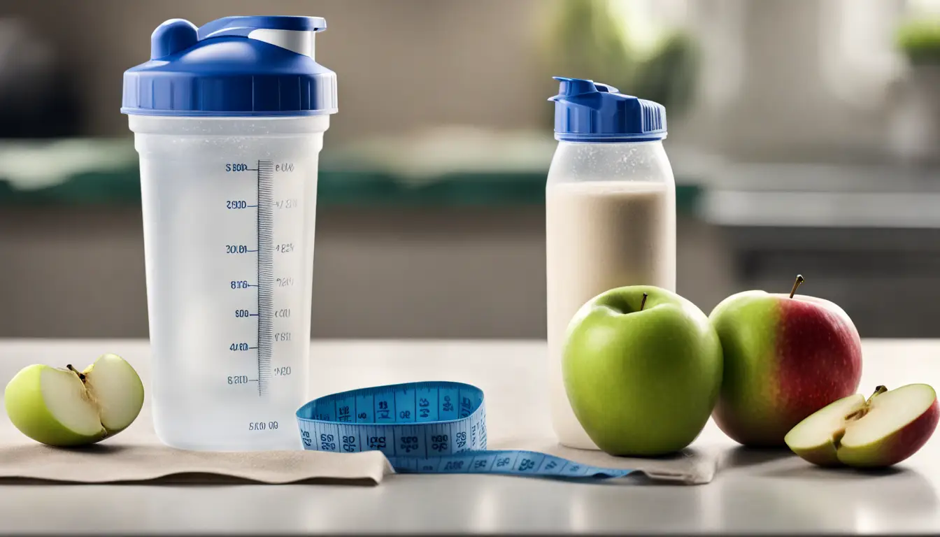 Copo com shake de whey, pote de creatina e maçã com fita métrica em bancada de cozinha.