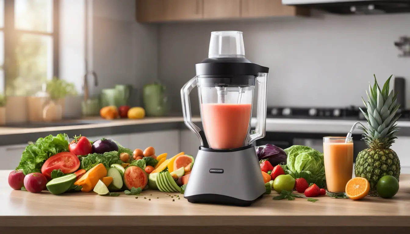 Mesa de cozinha com tigela de salada e liquidificador com shake de whey, rodeados por frutas e legumes frescos.