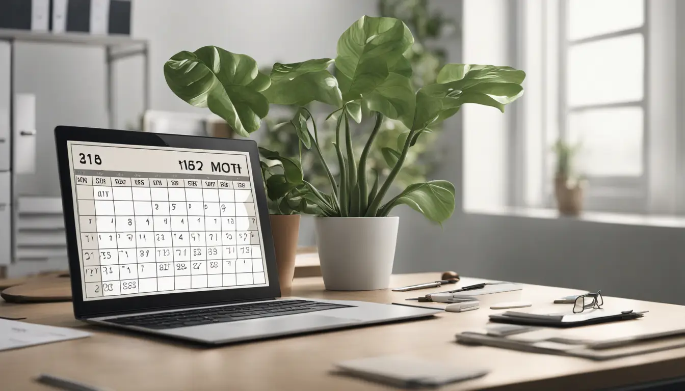 Escritório com calendário mensal, notas motivacionais, planta e laptop com gráfico de progresso.