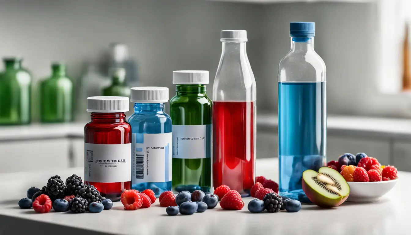 Vários frascos de suplementos dietéticos em uma bancada branca, com um copo de água e tigela de frutas vermelhas ao lado.