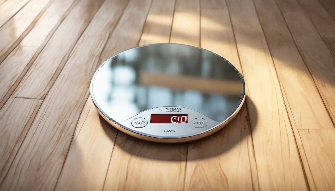 Uma balança de banheiro digital mostrando 60 kg no chão de madeira iluminado pela luz do sol.
