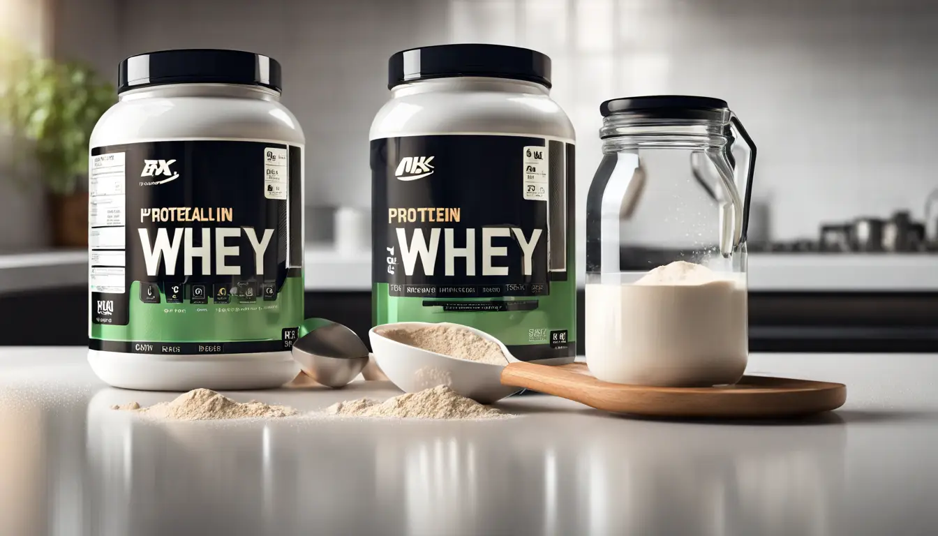 Pote de whey protein com rótulo, balança digital com medidas incorretas e scoop de pó derramado no balcão da cozinha.