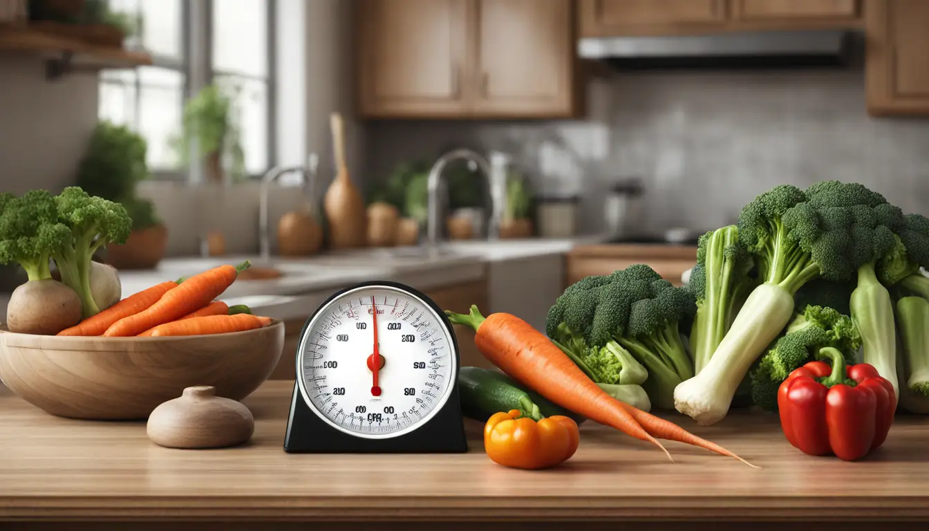 Vista de uma cozinha com legumes frescos e balança digital em mesa de madeira iluminada por luz natural.