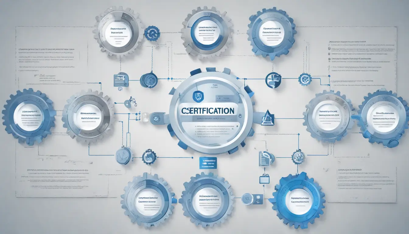 Um diagrama de fluxograma multietapas com ícones ilustrando cada estágio de um processo de certificação.
