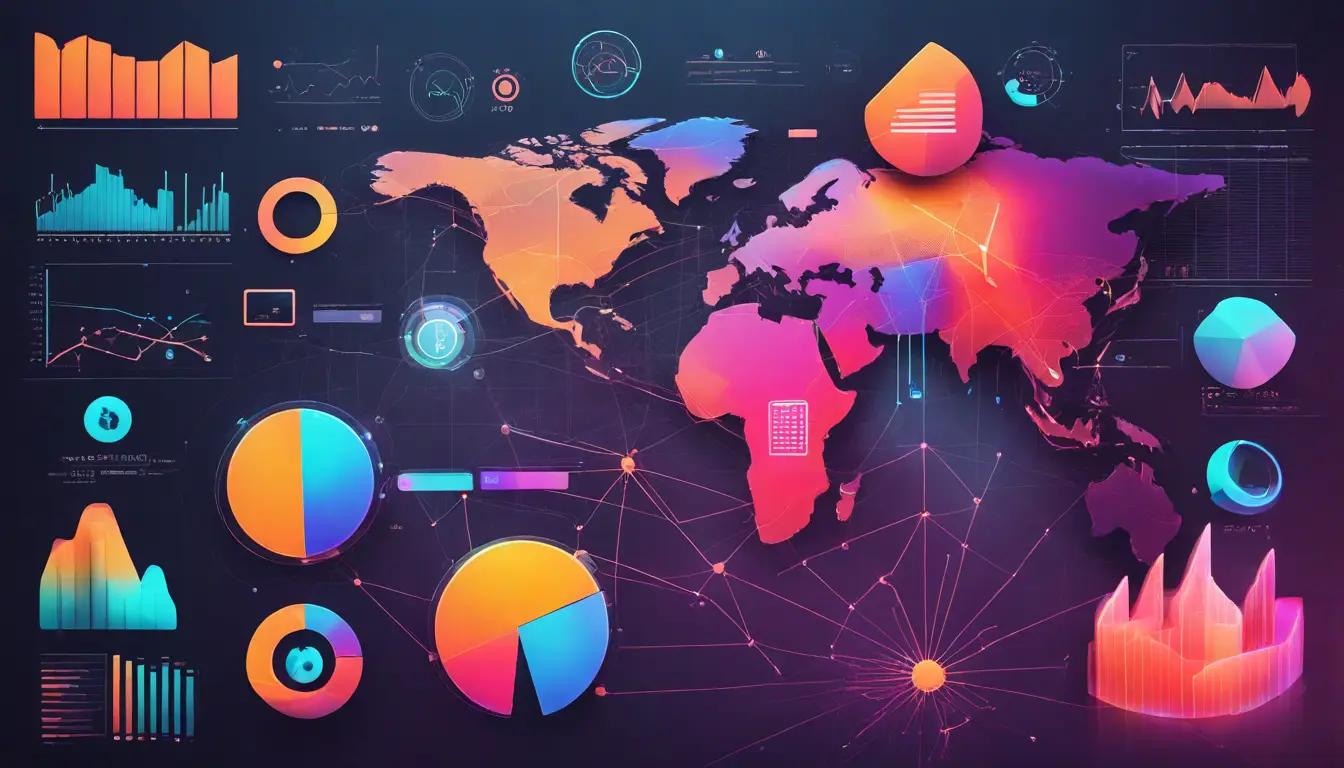 Interface digital com ícones interconectados e gráficos coloridos representando análise de dados.