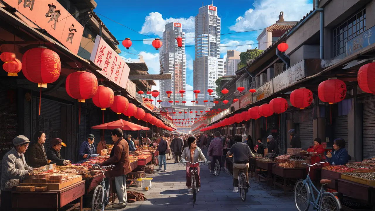 Cena de mercado de rua na China com vendedores, bicicletas e prédios modernos ao fundo.