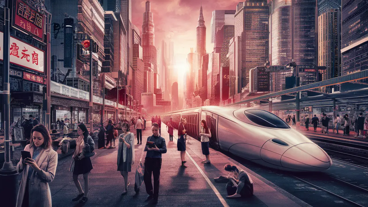 Paisagem urbana chinesa com arranha-céus, trens-bala e pessoas usando smartphones nas ruas movimentadas.