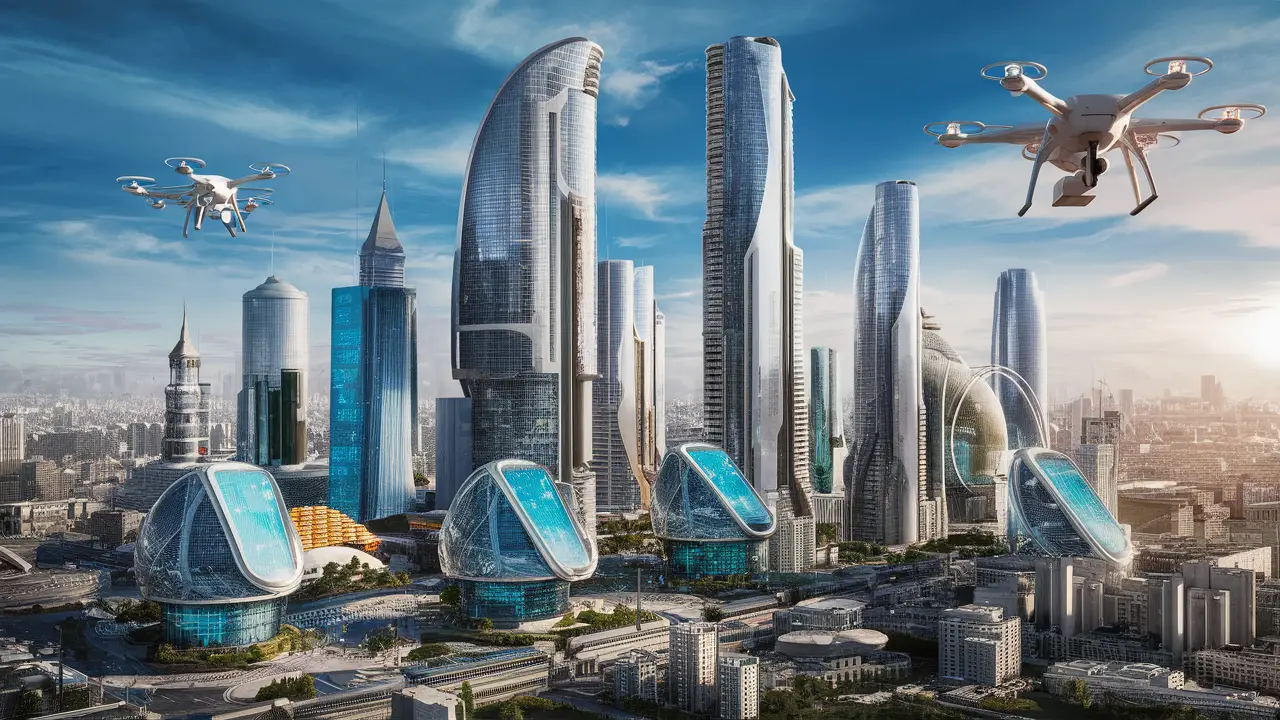 Arranha-céus futuristas de vidro e hubs tecnológicos com drones no céu azul.