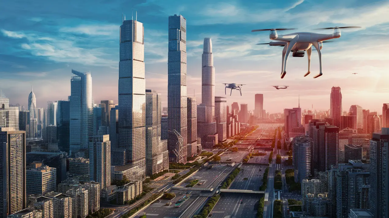 Horizonte futurista de cidade chinesa com arranha-céus, veículos elétricos autônomos e drones no céu azul.