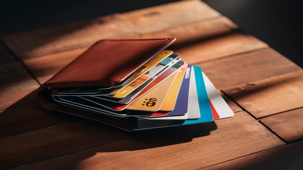 Carteira de couro marrom aberta sobre uma mesa de madeira com cartões de crédito coloridos e um cartão dourado com símbolo de cashback.