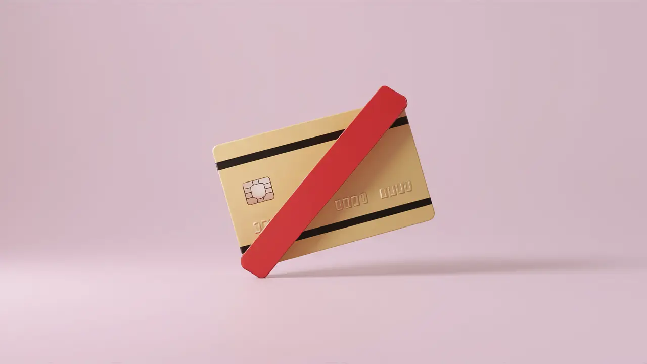Cartão de crédito com símbolo de barra vermelha em fundo branco.